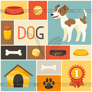 Фон с милая собака, икон и предметов - векторный рисунок