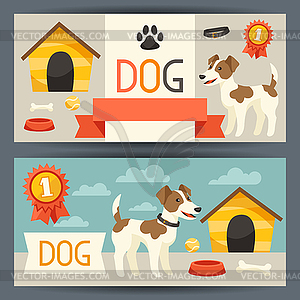 Horizontal banners with cute dog, icons and objects - vector image