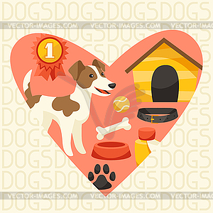 Background with cute dog, icons and objects - vector EPS clipart