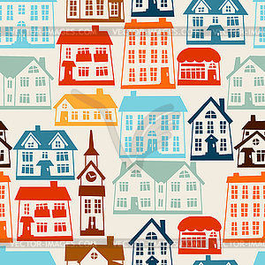 Town seamless pattern with cute colorful houses - vector image