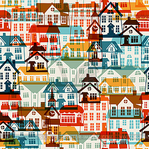 Town seamless pattern with cute colorful houses - stock vector clipart