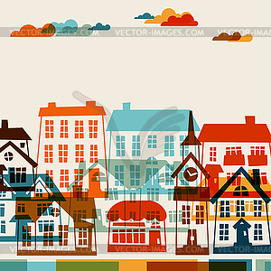 Town background design with cute colorful houses - vector clip art