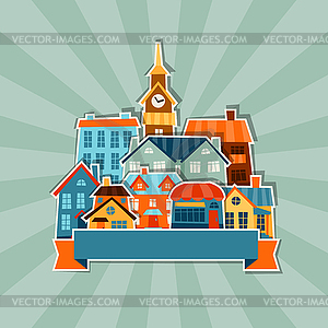 Town background design with cute colorful sticker - vector clipart