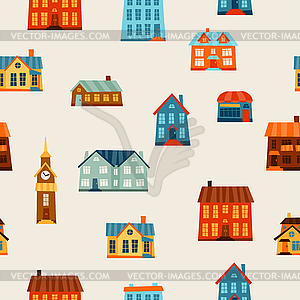 Town seamless pattern with cute colorful houses - vector clip art