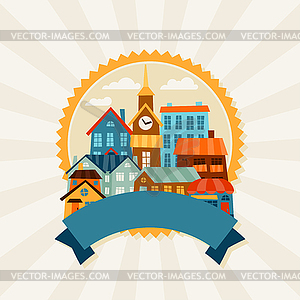 Town background design with cute colorful houses - vector clipart