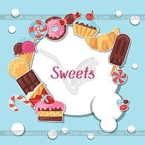 Background with colorful sticker candy, sweets and - vector image