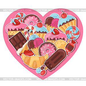 Background with colorful sticker candy, sweets and - vector clipart