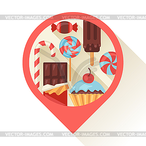 Навигация маркер с красочными конфеты, сладости и - векторный клипарт / векторное изображение
