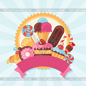 Background with colorful candy, sweets and cakes - vector image