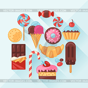 Set of colorful various candy, sweets and cakes - vector clipart / vector image