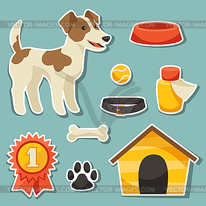 Набор наклеек значки и объекты с милой собакой - изображение векторного клипарта