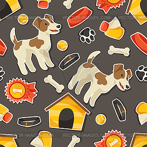 Seamless pattern with cute sticker dogs, icons and - vector clip art