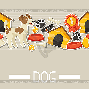 Seamless pattern with cute sticker dogs, icons and - vector clipart / vector image