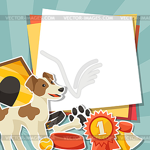 Background with cute sticker dog, icons and objects - vector image