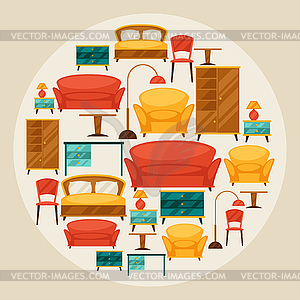 Interior icon set with furniture in retro style - vector image