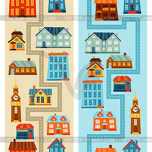 Town seamless patterns with cute colorful houses - vector clipart