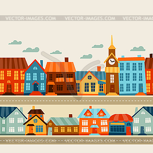 Город бесшовные узор с милой разноцветных домов - векторизованное изображение