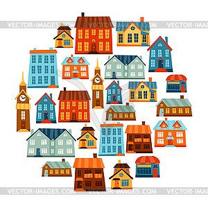 Town icon set of cute colorful houses - vector clipart