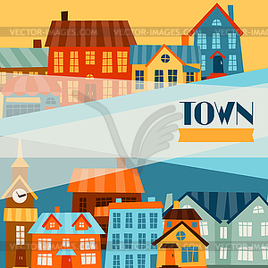 Town background design with cute colorful houses - vector clip art