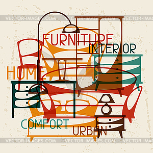 Interior background with furniture in retro style - vector clipart