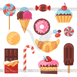 Set of colorful various candy, sweets and cakes - vector image