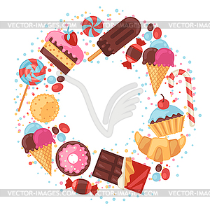 Background with colorful various candy, sweets and - vector clip art