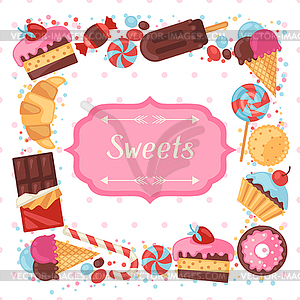 Background with colorful various candy, sweets and - vector image