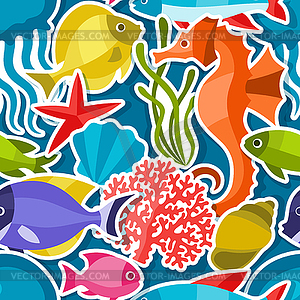 Marine life sticker seamless pattern with sea - vector clip art