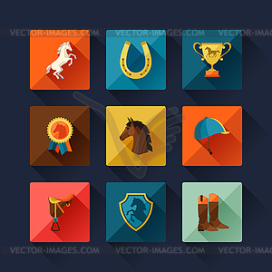 Icon set with horse equipment in flat style - vector clip art