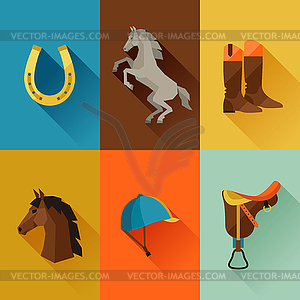 Icon set with horse equipment in flat style - vector image