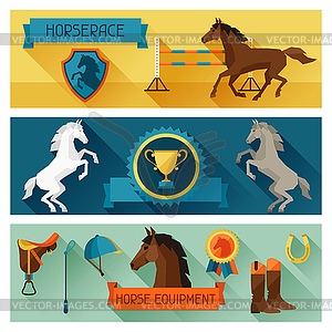 Horizontal banners with horse equipment in flat - vector clipart