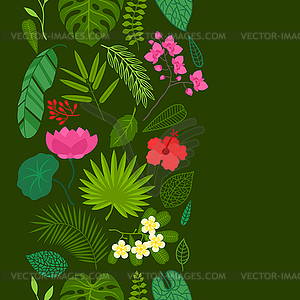 Seamless pattern with tropical plants, leaves and - vector clipart