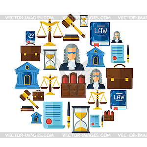 Law icons background in flat design style - vector image