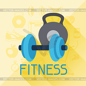 Sports background with fitness icons in flat style - vector clip art