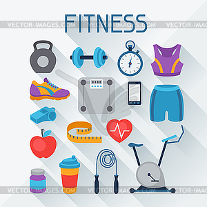 Sports and fitness icons set in flat style - vector image