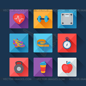 Sports and fitness icons set in flat style - vector image