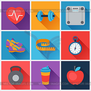 Sports and fitness icons set in flat style - vector clipart