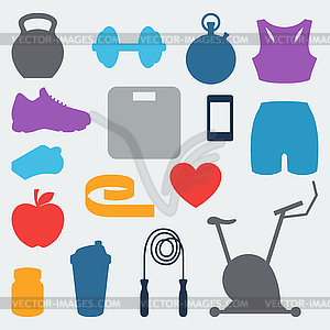 Sports and fitness icons set in flat style - vector EPS clipart