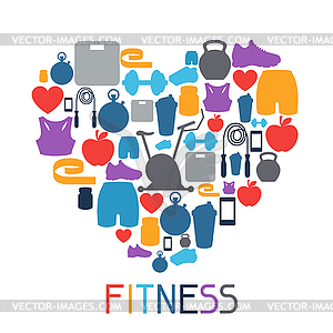 Sports background with fitness icons in flat style - vector image