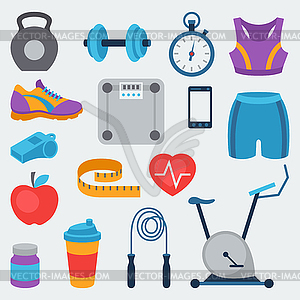 Sports and fitness icons set in flat style - vector clipart