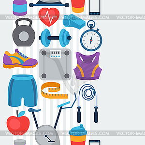 Sports seamless pattern with fitness icons in flat - vector image