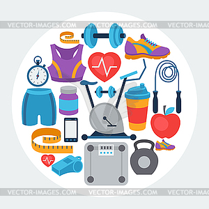 Sports background with fitness icons in flat style - royalty-free vector image