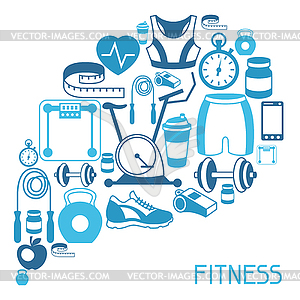 Sports background with fitness icons in flat style - vector image