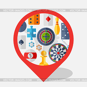 Navigation marker with game icons in flat design - vector clipart