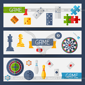 Horizontal banners with game icons in flat design - color vector clipart