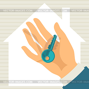 Hand holding key in flat design style - vector clip art