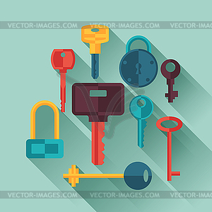 Locks and keys icons set in flat style - vector image