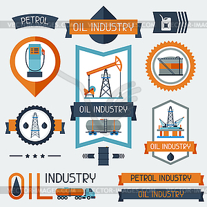 Промышленные значки этикетки с нефтью и бензиновых иконок - векторное изображение