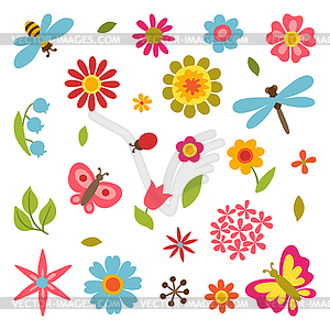 Natural set of beautiful flowers, beetles and - vector image
