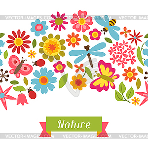 Natural pattern with beautiful flowers, beetles - vector image